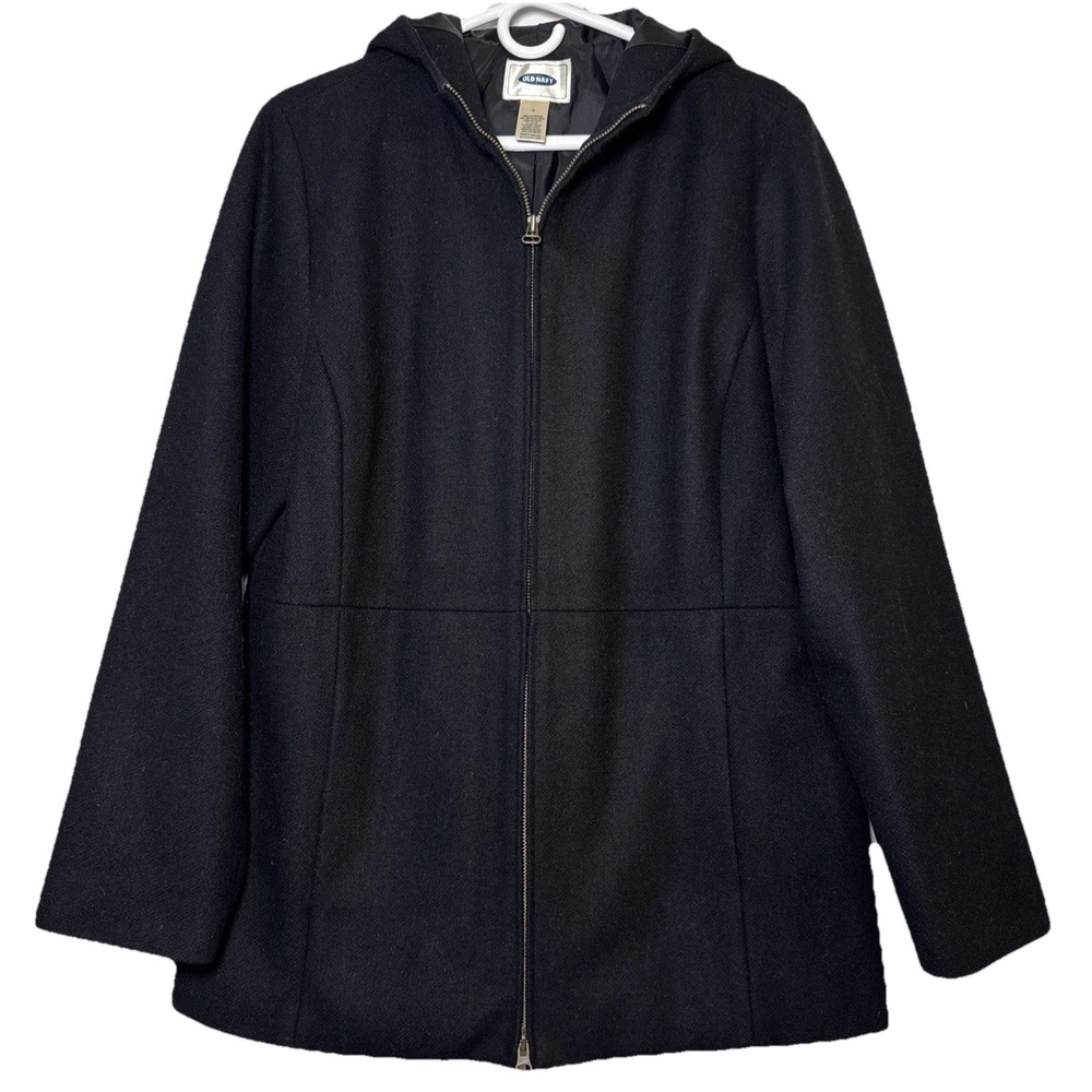 Old Navy Black Wool Blend Hooded‎ Coat Women's Large Zip Front Winter Jacket